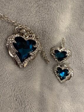 Silver Heart Necklace and Earrings Set with Deep Blue Crystals
